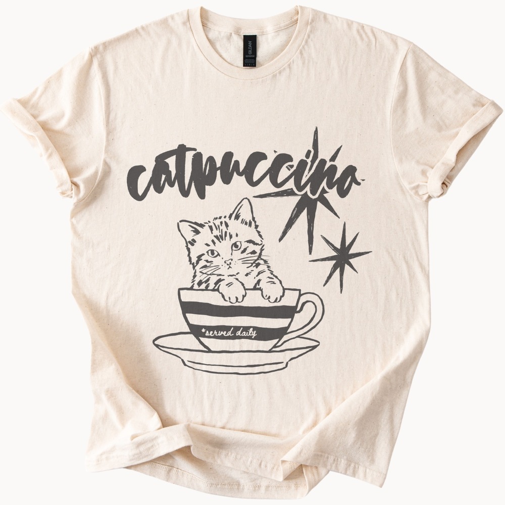 Cappuccino Cat in Teacup Graphic Tee Whimsical Line Art